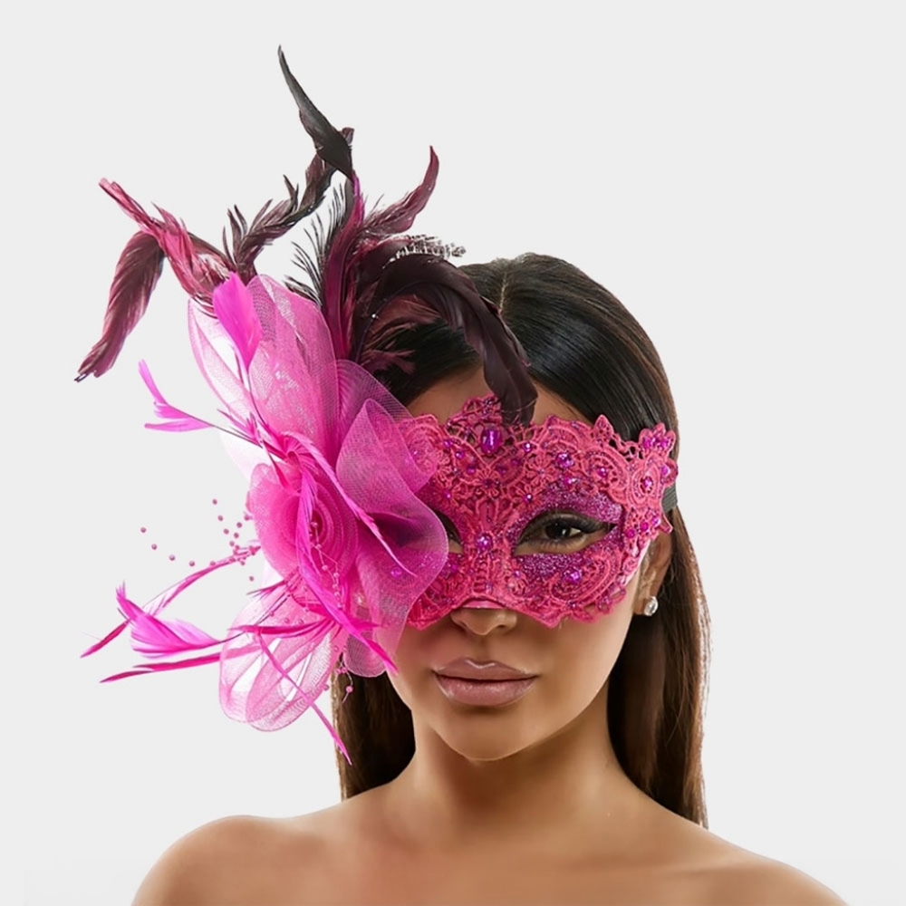 Hot Pink Elegant Flower Feather Lace Half Face Mask Masquerade Headpiece EyeMask